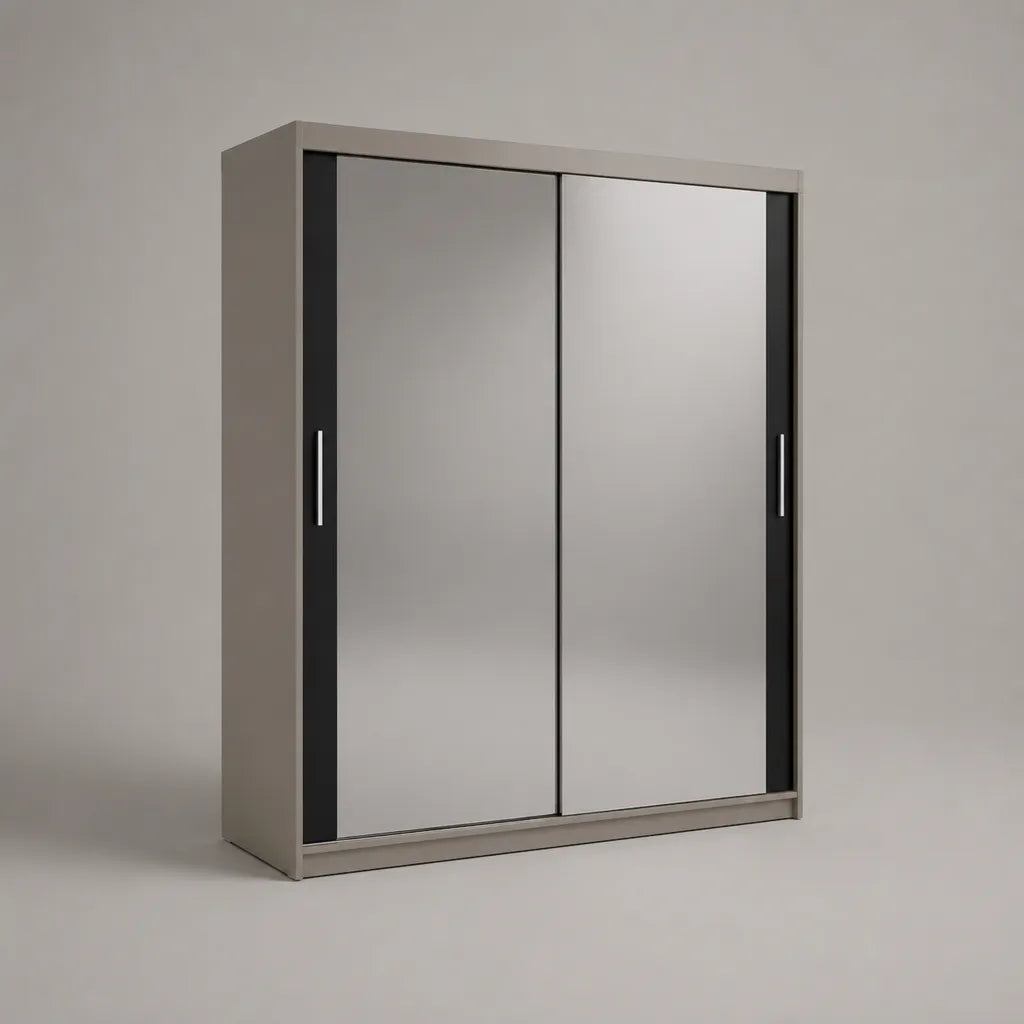 Armadio rettangolare in legno con 2 porte scorrevoli con specchi, grigio, nero e argento, 180 × 60 × 200 cm