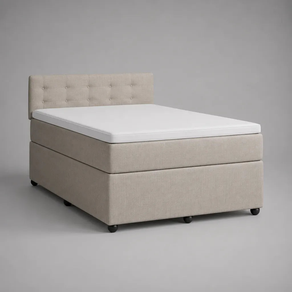 Letto continentale 2 posti in poliestere beige con materasso e testa letto imbottita, letto 140 × 200 cm, dimensioni 148 × 210 × 110 cm