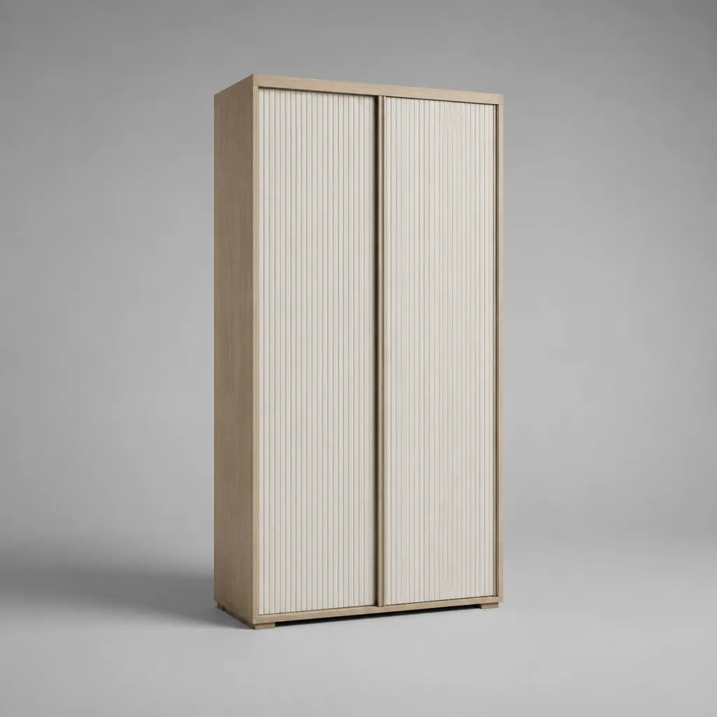Armadio rettangolare con 2 porte scorrevoli in pannelli a particelle e MDF, rovere leggero e bianco rotto, 100 × 50 × 200 cm