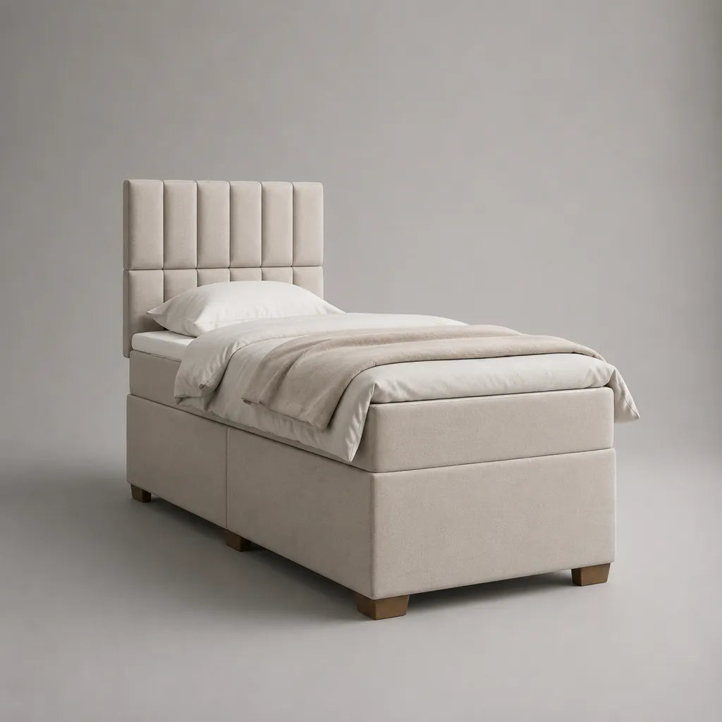 Letto singolo imbottito in tessuto beige con letto testata, letto 90 × 200 cm