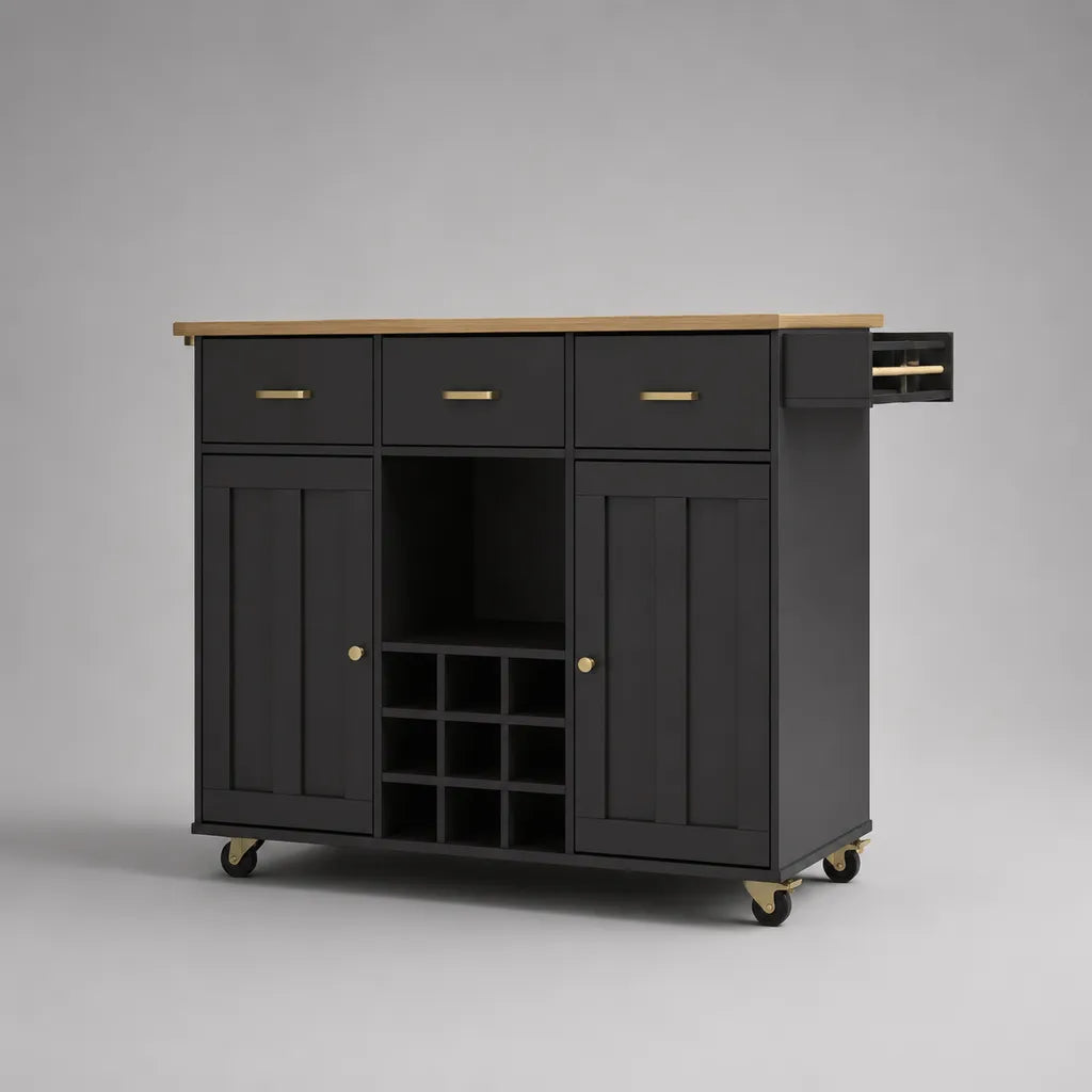 Ruota rettangolare MDF e legno hèvea nero con 3 cassetti, 2 armadi e 9 bottiglie, 120 × 40 × 90 cm