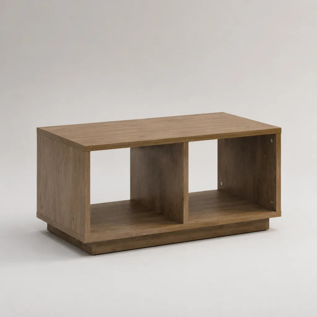 Tavolo basso rettangolare in pannelli di particelle di rovere marrone con 2 nicchie aperte, 80 × 45 × 42 cm