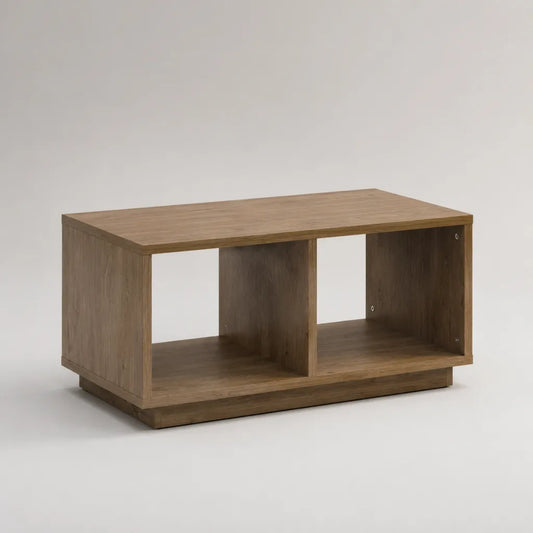 Tavolo basso rettangolare in pannelli di particelle di rovere marrone con 2 nicchie aperte, 80 × 45 × 42 cm