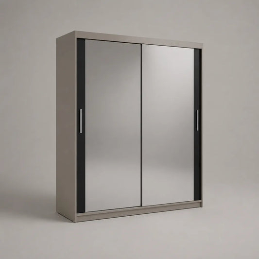 Armadio rettangolare in legno con 2 porte scorrevoli con specchi, grigio, nero e argento, 180 × 60 × 200 cm
