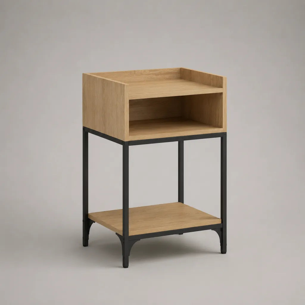 Comodino rettangolare in legno e metallo, rovere chiaro e nero, 40 × 35 × 70 cm