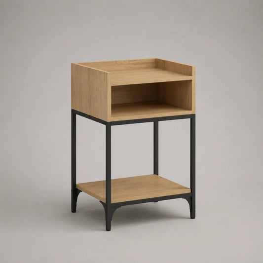 Comodino rettangolare in legno e metallo, rovere chiaro e nero, 40 × 35 × 70 cm