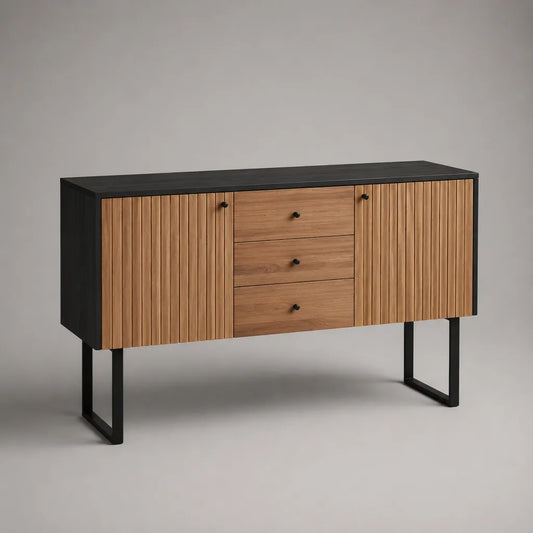 Armadio in legno e metallo, 2 porte e 3 cassetti, rovere naturale e nero, 140 × 40 × 80 cm