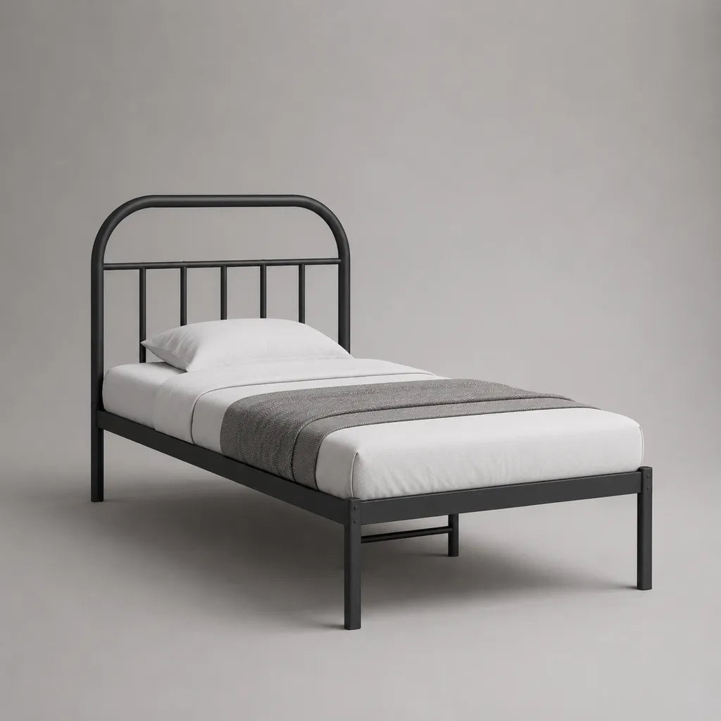 Letto singolo in acciaio nero con testata, letto 90 × 200 cm, dimensioni 208 × 96 × 110 cm