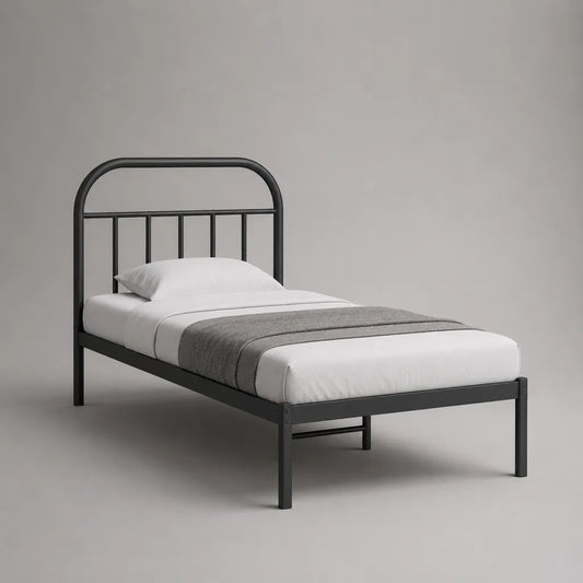 Letto singolo in acciaio nero con testata, letto 90 × 200 cm, dimensioni 208 × 96 × 110 cm