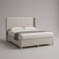 Letto matrimoniale imbottito in tessuto beige e metallo color ottone, letto 160 × 200 cm, dimensioni 174 × 215 × 130 cm, con testa da letto e letto con latte