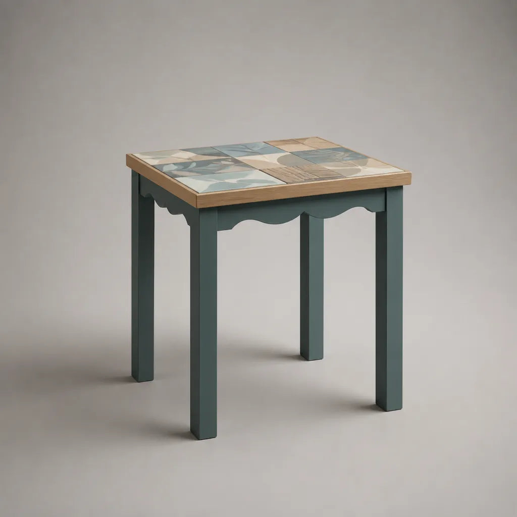 Tavolino quadrato in legno verde scuro con vassoio in ceramica, 45 × 45 × 50 cm