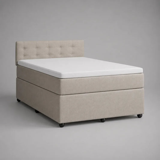 Letto continentale 2 posti in poliestere beige con materasso e testa letto imbottita, letto 140 × 200 cm, dimensioni 148 × 210 × 110 cm