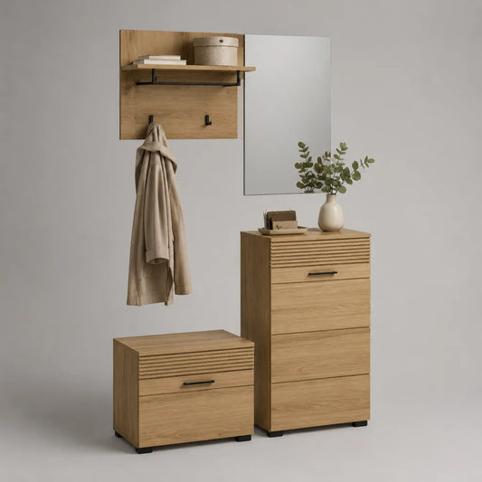 Ingresso rettangolare a 4 pezzi in pannelli in melamina con 2 mobili per scarpe, pannello a parete e specchio, rovere naturale e nero, 125 × 35 × 190 cm