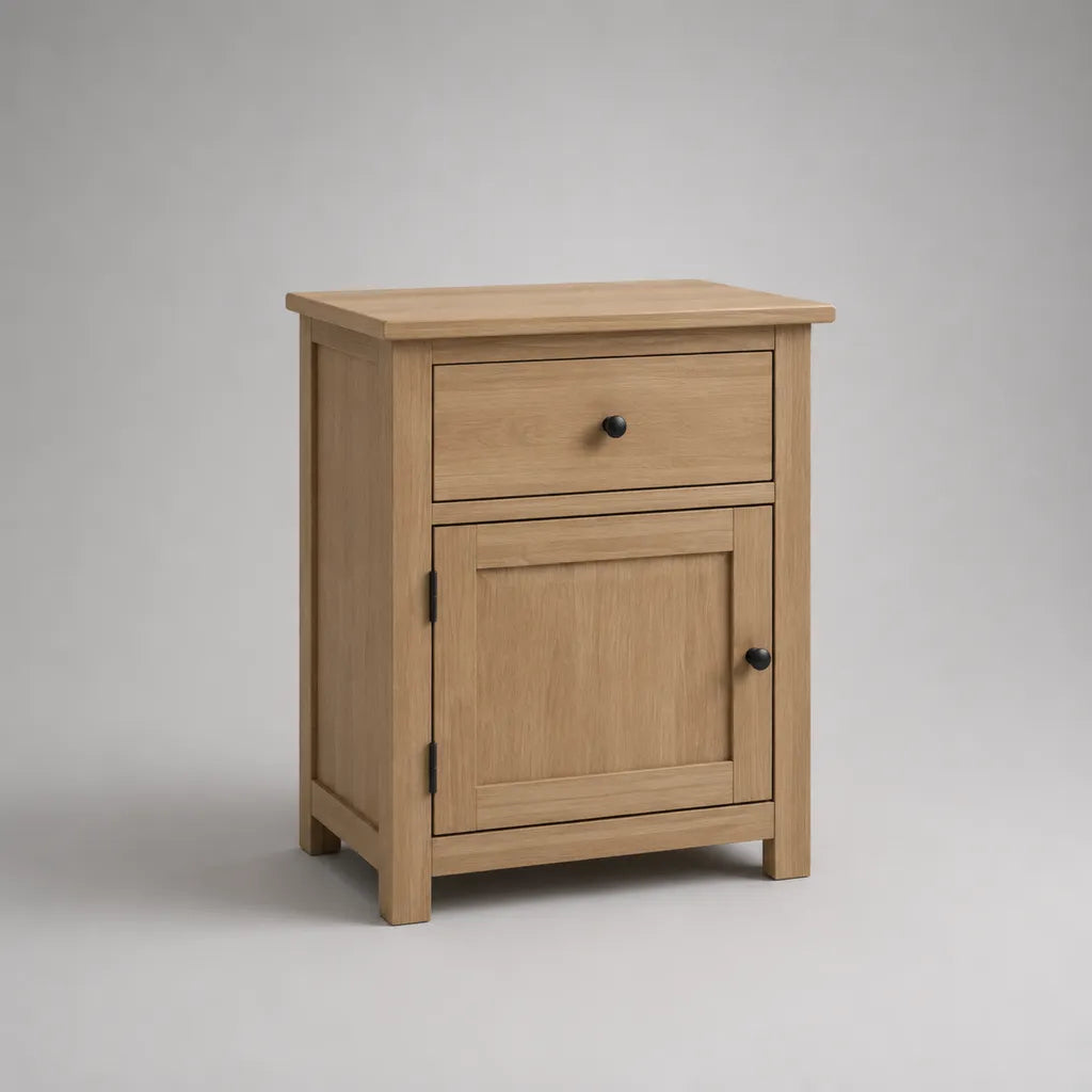 Comodino rettangolare in rovere massello e pannello in rovere, 1 cassetto e 1 porta, rovere naturale e nero, 45 × 35 × 60 cm