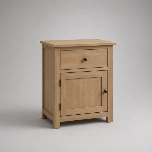 Comodino rettangolare in rovere massello e pannello in rovere, 1 cassetto e 1 porta, rovere naturale e nero, 45 × 35 × 60 cm