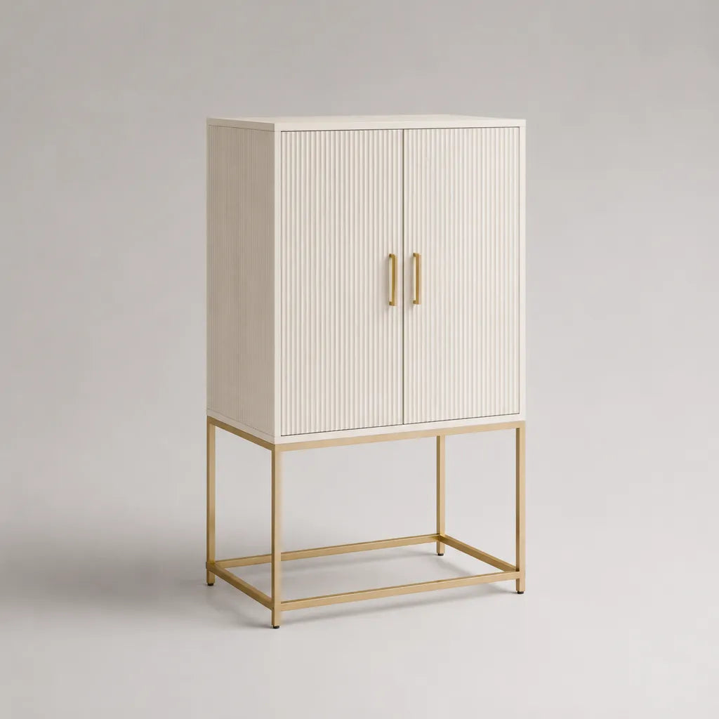 Set di 2 pezzi – Piano in legno e metallo a due porte, 80 × 40 × 120 cm, bianco e dorato
