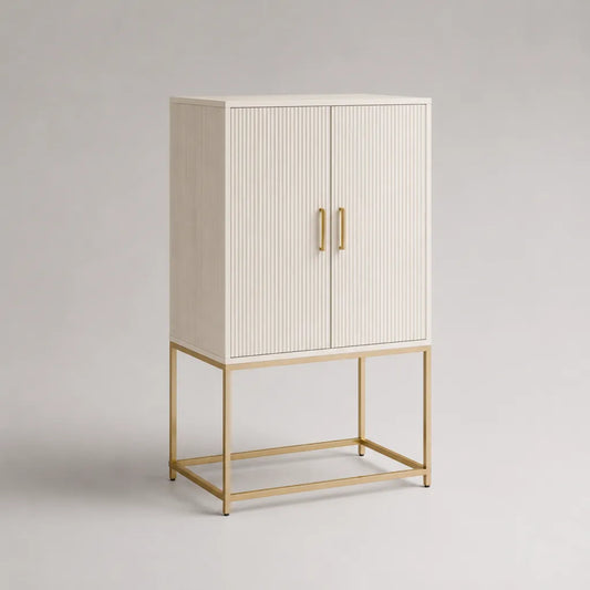 Set di 2 pezzi – Piano in legno e metallo a due porte, 80 × 40 × 120 cm, bianco e dorato