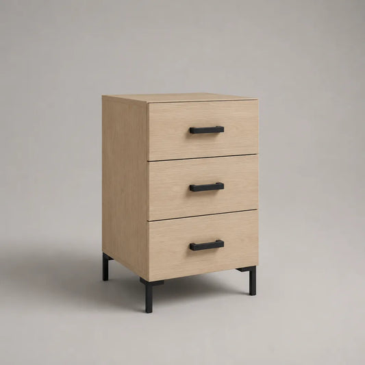 Tavolino rettangolare in pannello di particelle di melamina, 3 cassetti, rovere chiaro e nero, 40 × 35 × 65 cm