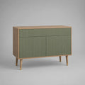 Credenza bassa rettangolare in MDF impiallacciato rovere con 2 porte e 1 cassetto, rovere verde salvia e naturale, 110 × 40 × 85 cm