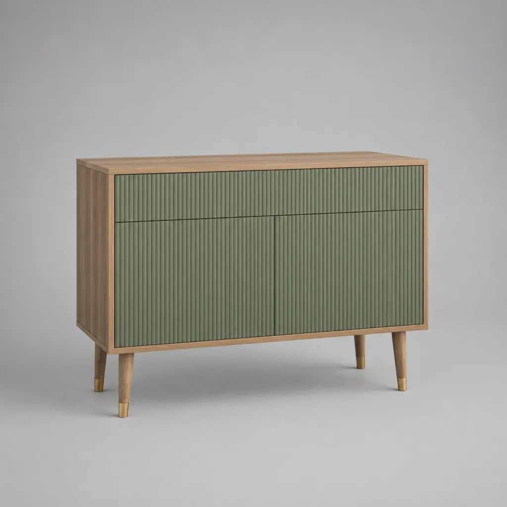 Credenza bassa rettangolare in MDF impiallacciato rovere con 2 porte e 1 cassetto, rovere verde salvia e naturale, 110 × 40 × 85 cm