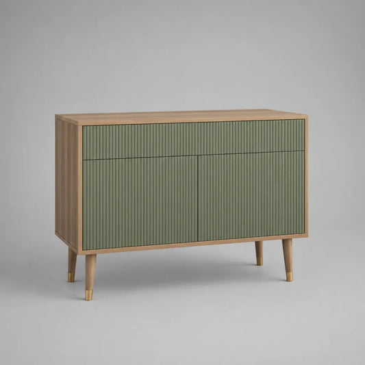 Credenza bassa rettangolare in MDF impiallacciato rovere con 2 porte e 1 cassetto, rovere verde salvia e naturale, 110 × 40 × 85 cm