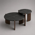 Set di 2 tavolini rotondi in marmo nero laminato MDF e noce compensato, ? 80 × H 38 cm e ? 55 × H 48 cm