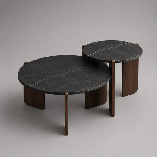 Set di 2 tavolini rotondi in marmo nero laminato MDF e noce compensato, ? 80 × H 38 cm e ? 55 × H 48 cm