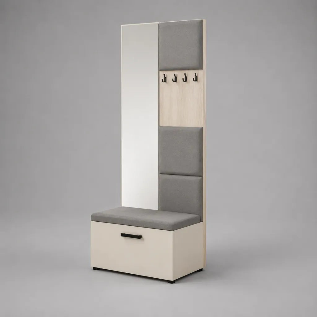 Armadio d'ingresso con ripostiglio, specchio e 4 ante, beige chiaro e grigio, 65 × 40 × 190 cm