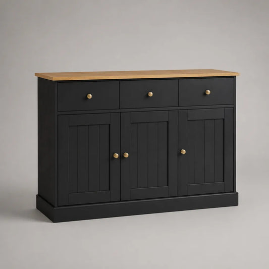 Credenza bassa rettangolare in MDF nero con vassoio di decorazione in rovere, 3 porte e 3 cassetti, 120 × 40 × 90 cm