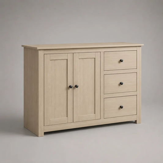 Buffet rettangolare in MDF effetto rovere leggero, 2 porte e 3 cassetti, 120 × 40 × 90 cm