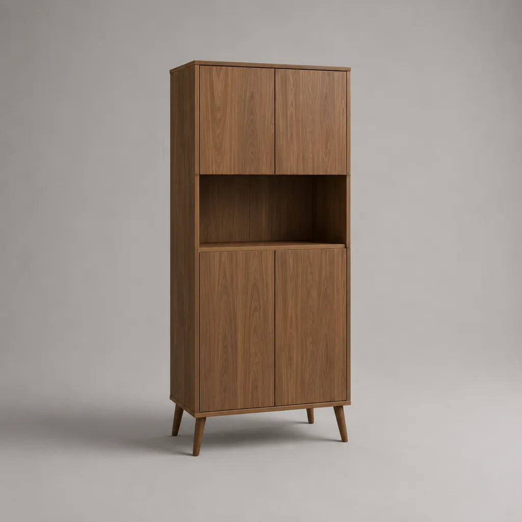 Buffet alto contenitore in noce placcato MDF, 4 porte e nicchia aperta, 80 × 40 × 180 cm, noce