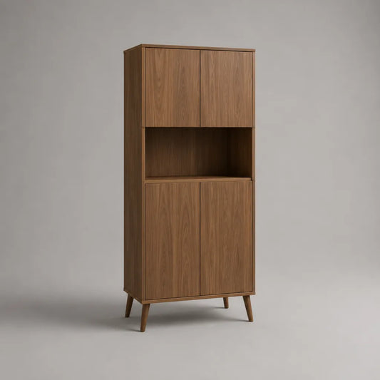 Buffet alto contenitore in noce placcato MDF, 4 porte e nicchia aperta, 80 × 40 × 180 cm, noce