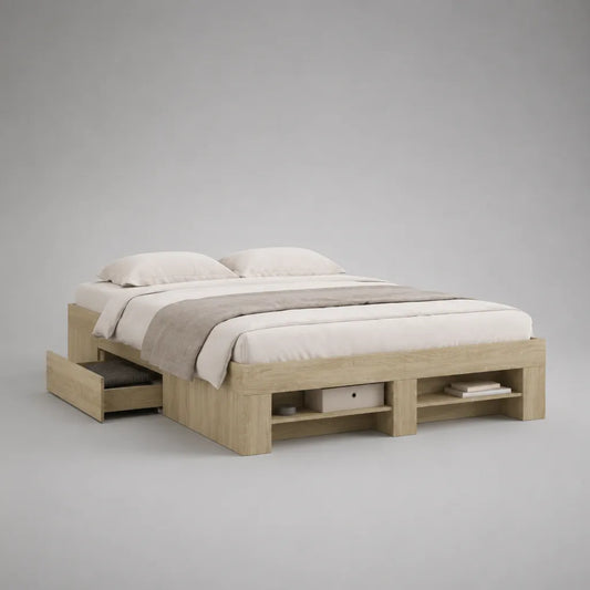 Letto matrimoniale con contenitore di particelle, rovere leggero, letto 160 × 200 cm, dimensioni 166 × 220 × 50 cm