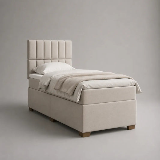 Letto singolo imbottito in tessuto beige con letto testata, letto 90 × 200 cm