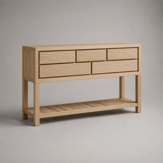 Buffet consolle rettangolare con 5 cassetti e ripiano in rovere massello e MDF placcato, rovere naturale, 120 × 40 × 85 cm