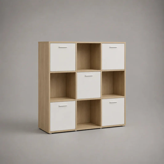 Libreria cubica di asse di particelle, 9 armadietti e 5 porte, rovere chiaro e bianco, 105 × 33 × 105 cm