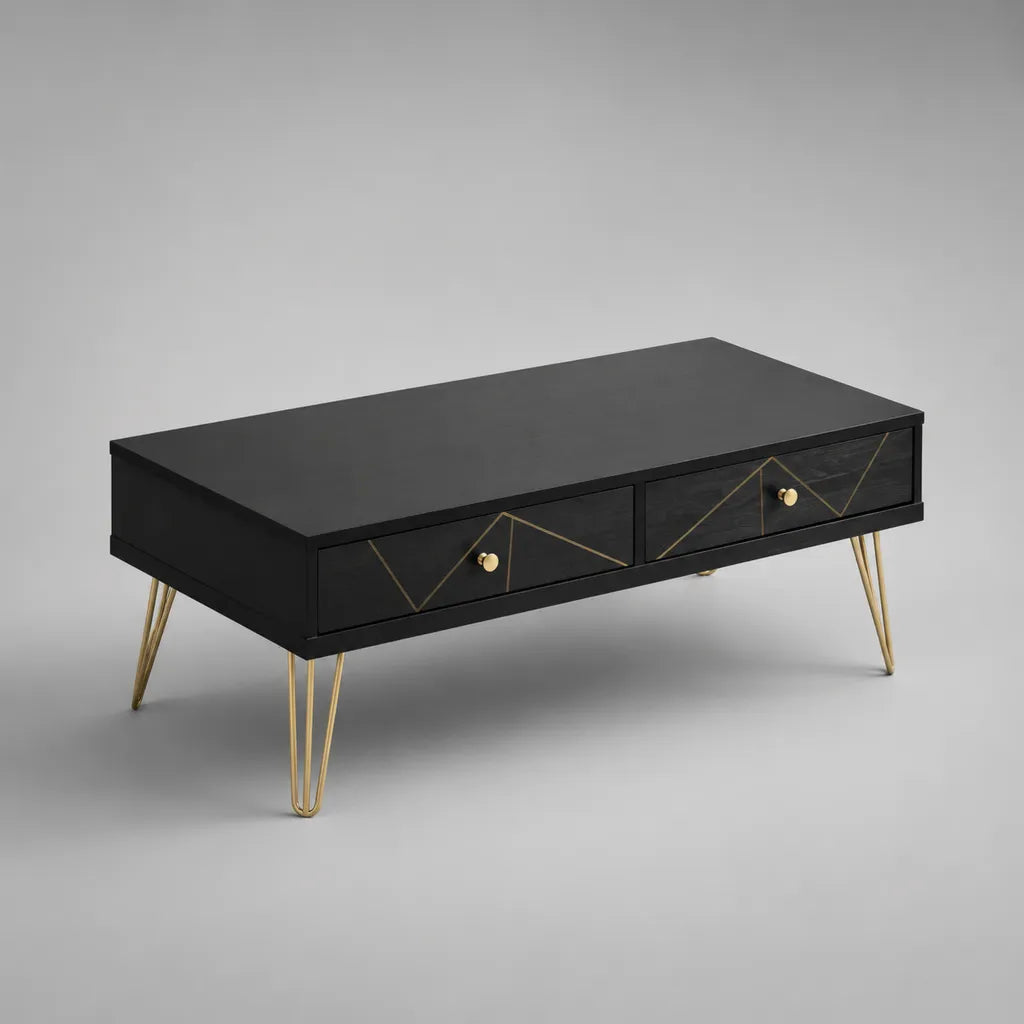 Tavolo rettangolare con 2 cassetti in MDF e acciaio, nero e oro, 110 × 55 × 45 cm