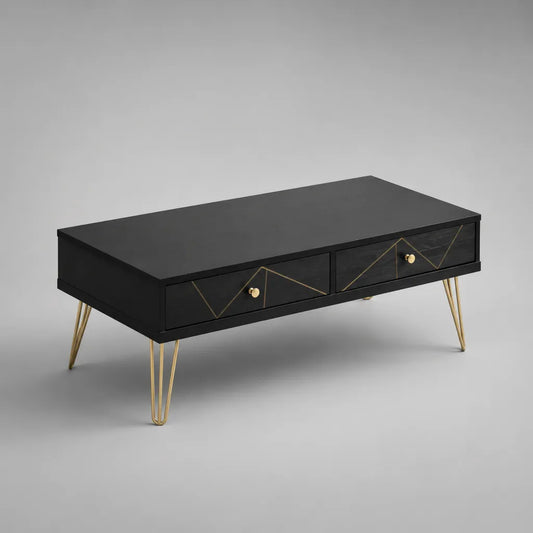 Tavolo rettangolare con 2 cassetti in MDF e acciaio, nero e oro, 110 × 55 × 45 cm