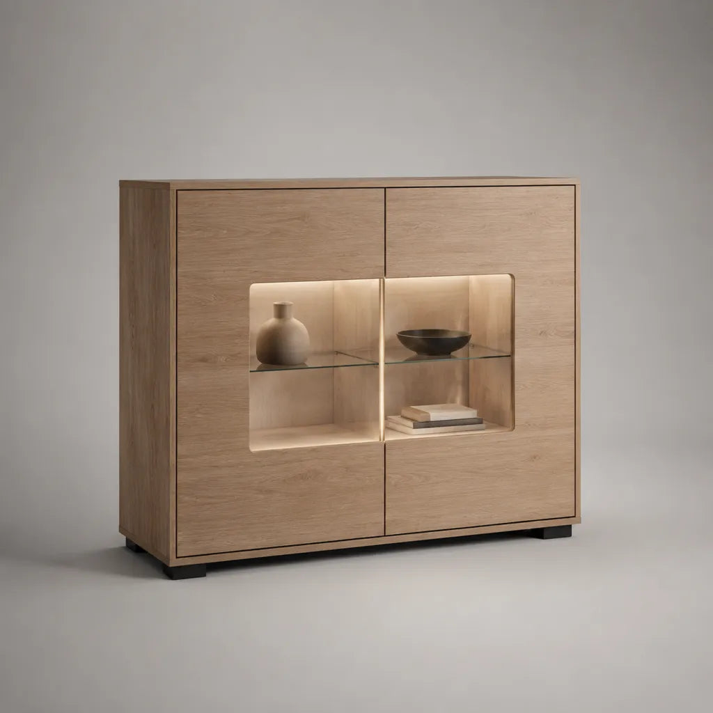 Armadio a 4 porte in pannello di particelle in melamina con nicchia illuminata, rovere leggero, 140 × 40 × 120 cm