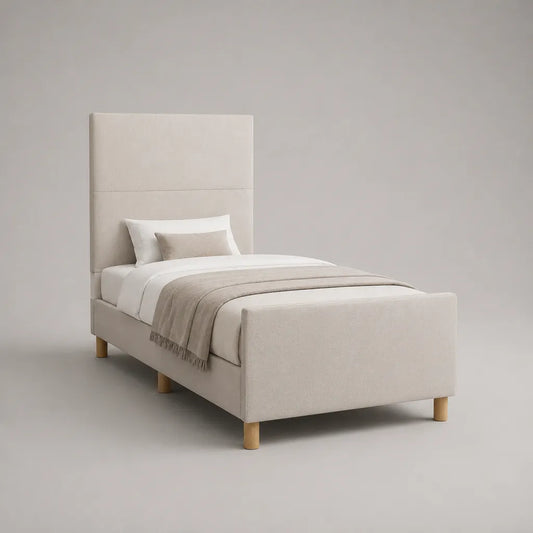 Letto singolo imbottito in tessuto beige e legno, letto 90 × 200 cm, dimensioni 214 × 101 × 130 cm