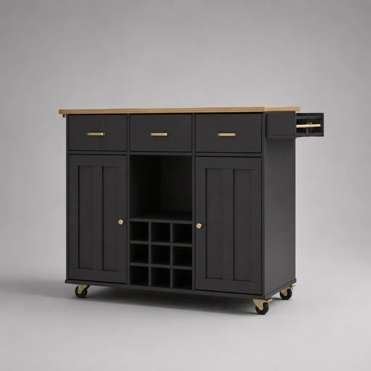 Ruota rettangolare MDF e legno hèvea nero con 3 cassetti, 2 armadi e 9 bottiglie, 120 × 40 × 90 cm