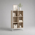 Libreria rettangolare a 6 parti di pannello di particelle e acciaio, rovere chiaro e bianco, 70 × 30 × 150 cm