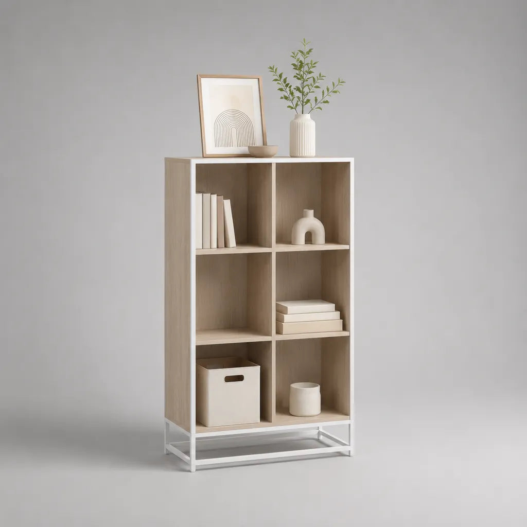 Libreria rettangolare a 6 parti di pannello di particelle e acciaio, rovere chiaro e bianco, 70 × 30 × 150 cm
