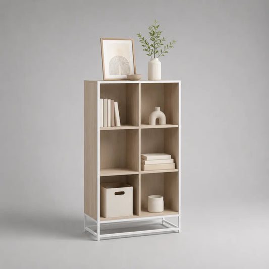 Libreria rettangolare a 6 parti di pannello di particelle e acciaio, rovere chiaro e bianco, 70 × 30 × 150 cm