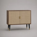 Armadio rettangolare con 2 porte in legno, metallo e contenitore, marrone noce, beige naturale, nero e ottone, 100 × 40 × 80 cm