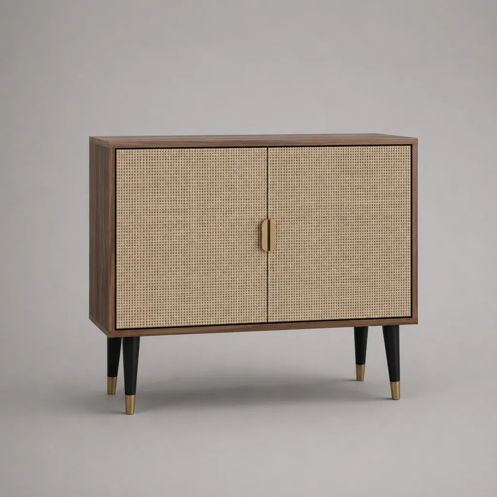 Armadio rettangolare con 2 porte in legno, metallo e contenitore, marrone noce, beige naturale, nero e ottone, 100 × 40 × 80 cm