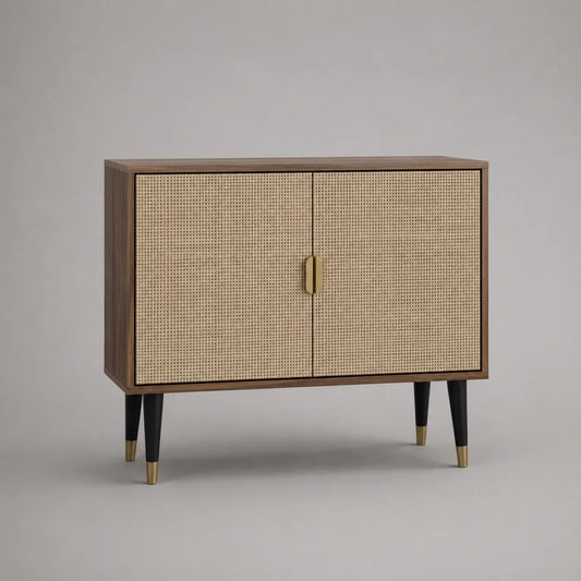Armadio rettangolare con 2 porte in legno, metallo e contenitore, marrone noce, beige naturale, nero e ottone, 100 × 40 × 80 cm