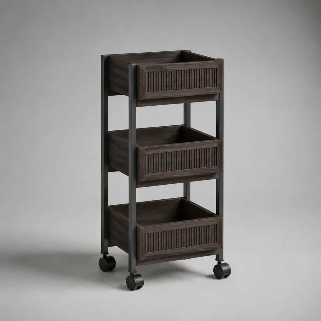 Ricino rettangolare a 3 livelli in pino massiccio e acciaio, marrone scuro e nero, 42 × 30 × 90 cm