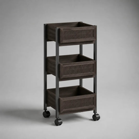 Ricino rettangolare a 3 livelli in pino massiccio e acciaio, marrone scuro e nero, 42 × 30 × 90 cm